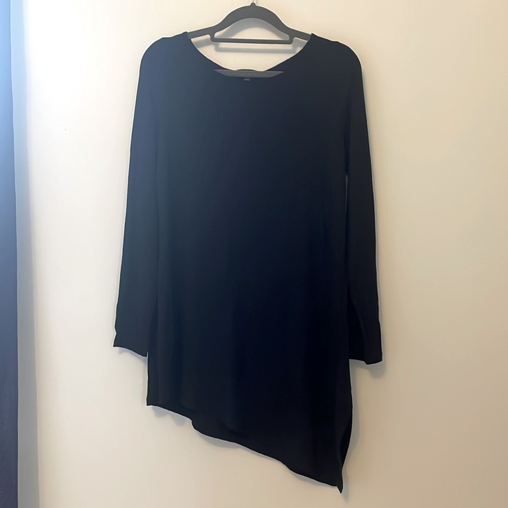 Eileen Fischer black asymmetric tunic size medium 18” ptp, 33” long, 23.5”sleeve